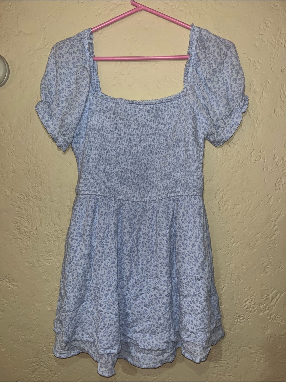 Hollister Pale Blue Floral Smocked Short-Sleeve Dress
